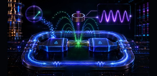Ilustração de sistema quântico com corrente elétrica oscilante refletindo o estado do qubit